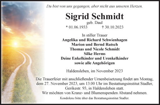 Traueranzeige von Sigrid Schmidt von Volksstimme Haldensleben/Wolmirstedt