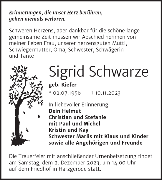 Traueranzeige von Sigrid Schwarze von Trauerkombi Quedlinburg