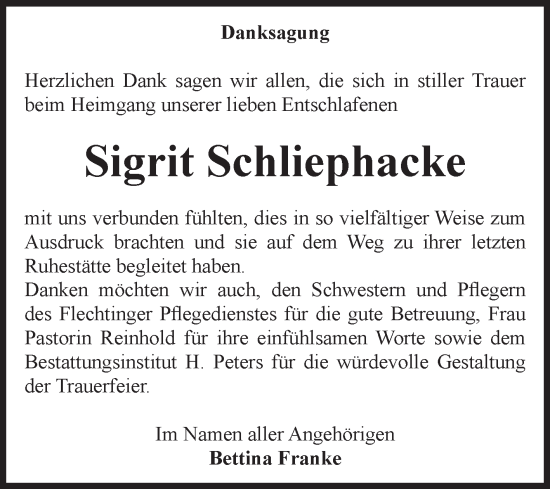 Traueranzeige von Sigrit Schliephacke von Volksstimme Haldensleben/Wolmirstedt
