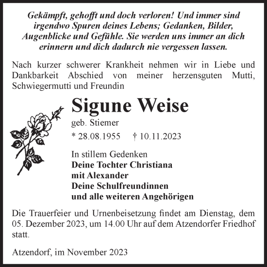 Traueranzeige von Sigune Weise von Volksstimme Staßfurt