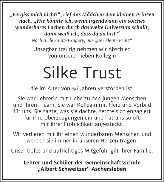 Traueranzeige von Silke Trust von Mitteldeutsche Zeitung Aschersleben