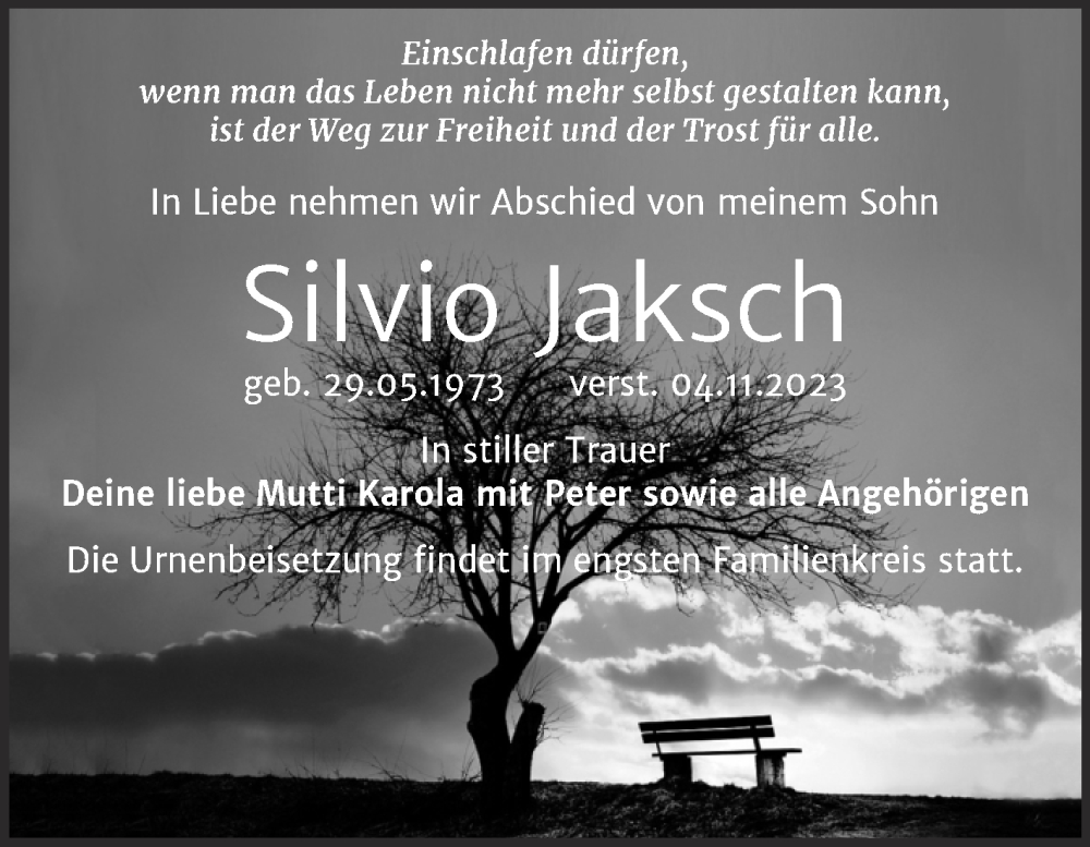  Traueranzeige für Silvio Jaksch vom 11.11.2023 aus Trauerkombi Weißenfels