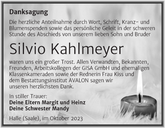 Traueranzeige von Silvio Kahlmeyer von Mitteldeutsche Zeitung Halle/Saalkreis