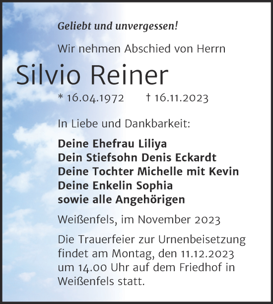 Traueranzeige von Silvio Reiner von Trauerkombi Weißenfels
