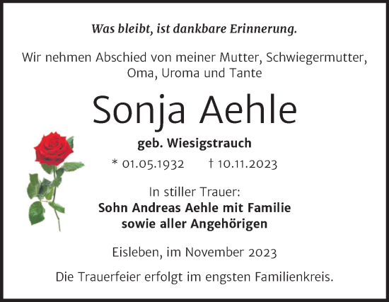 Traueranzeige von Sonja Aehle von Trauerkombi Mansfelder Land