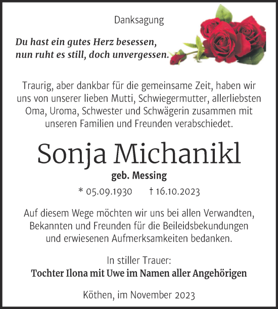 Traueranzeige von Sonja Michanikl von Trauerkombi Köthen