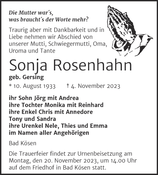 Traueranzeige von Sonja Rosenhahn von Naumburger Tageblatt