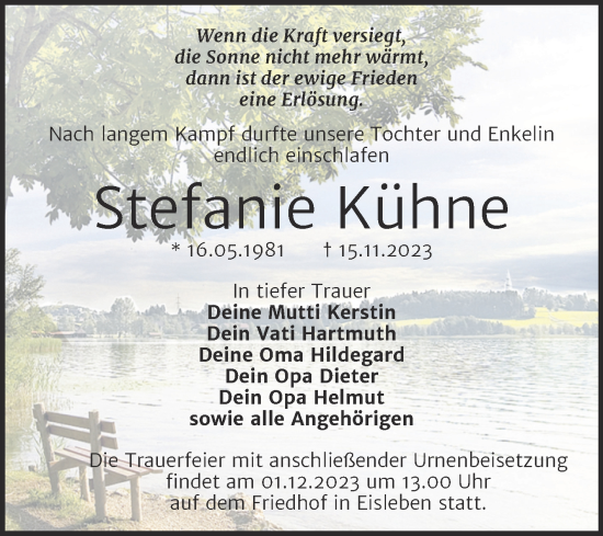 Traueranzeige von Stefanie Kühne von Trauerkombi Mansfelder Land