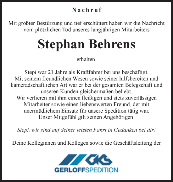 Traueranzeige von Stephan Behrens von Volksstimme Halberstadt