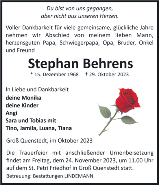 Traueranzeige von Stephan Behrens von Volksstimme Halberstadt