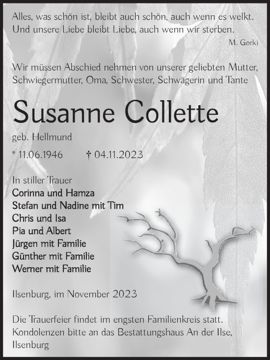Traueranzeige von Susanne Collette von Volksstimme Wernigerode