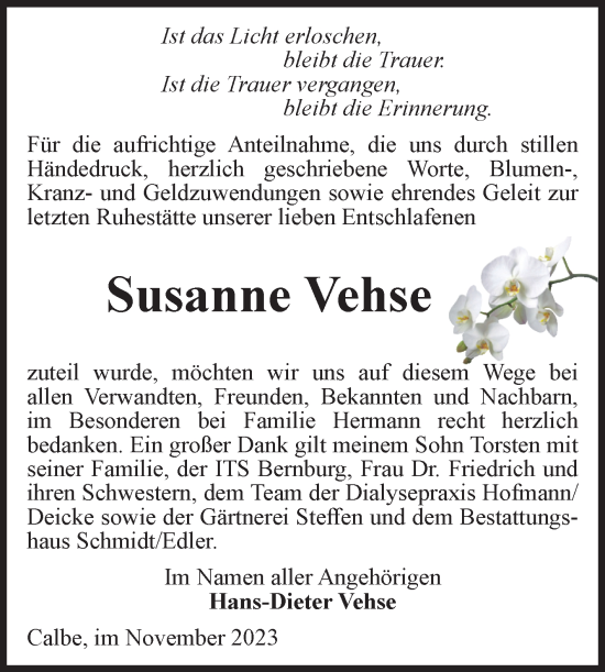 Traueranzeige von Susanne Vehse von Volksstimme Schönebeck