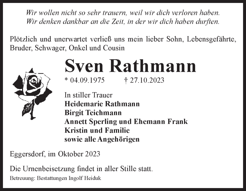  Traueranzeige für Sven Rathmann vom 18.11.2023 aus Volksstimme Schönebeck