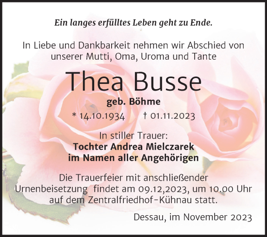Traueranzeige von Thea Busse von Trauerkombi Dessau