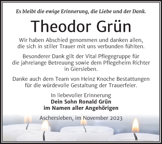 Traueranzeige von Theodor Grün von Trauerkombi Aschersleben