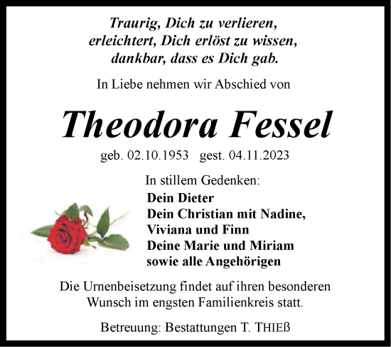 Traueranzeige von Theodora Fessel von Volksstimme Wernigerode