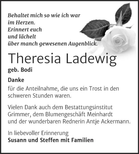 Traueranzeige von Theresia Ladewig von Trauerkombi Mansfelder Land