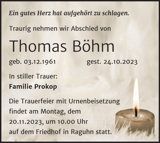 Traueranzeige von Thomas Böhm von Trauerkombi Bitterfeld