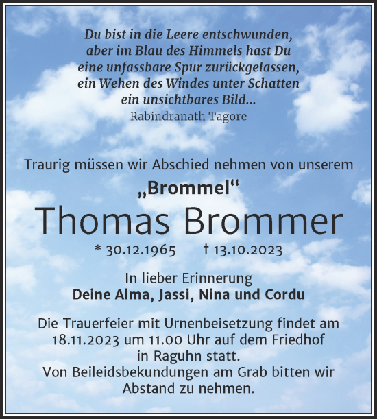 Traueranzeige von Thomas Brommer von Trauerkombi Bitterfeld