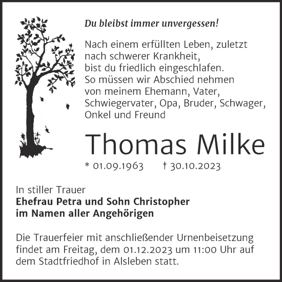 Traueranzeige von Thomas Milke von Trauerkombi Bernburg