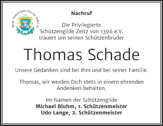 Traueranzeige von Thomas Schade von Trauerkombi Zeitz
