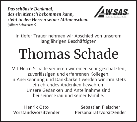 Traueranzeige von Thomas Schade von Wochenspiegel Zeitz