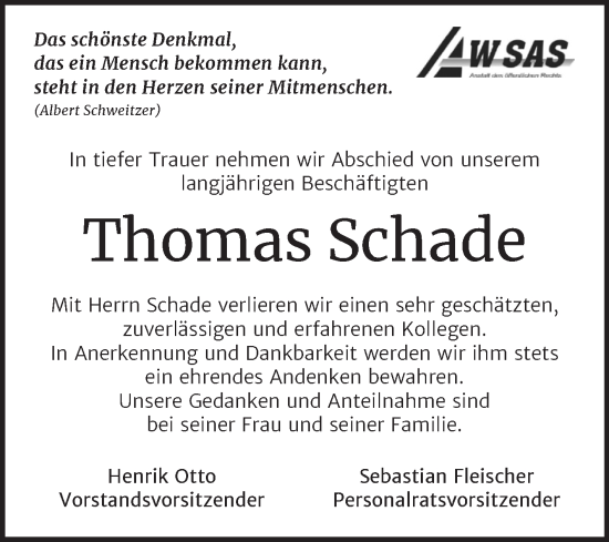 Traueranzeige von Thomas Schade von Mitteldeutsche Zeitung Zeitz