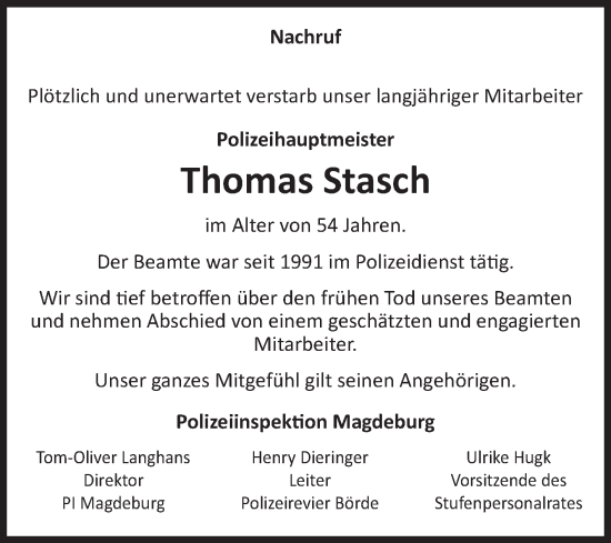 Traueranzeige von Thomas Stasch von Volksstimme Oschersleben/Wanzleben