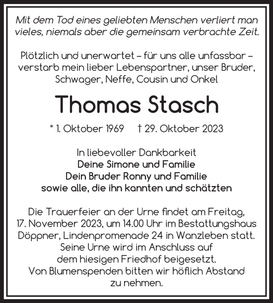 Traueranzeige von Thomas Stasch von Volksstimme Magdeburg