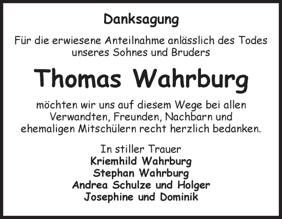 Traueranzeige von Thomas Wahrburg von Volksstimme Haldensleben/Wolmirstedt