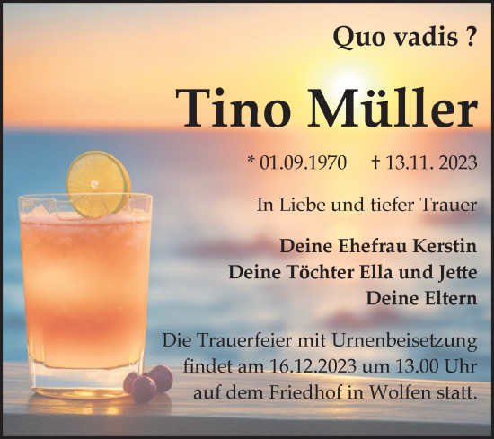 Traueranzeige von Tino Müller von Trauerkombi Bitterfeld