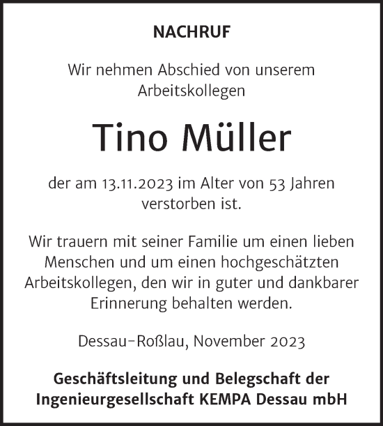 Traueranzeige von Tino Müller von Super Sonntag Dessau-Roßlau