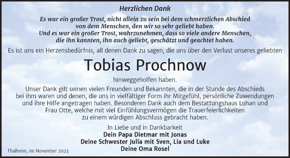  Traueranzeige für Tobias Prochnow vom 29.11.2023 aus Trauerkombi Bitterfeld