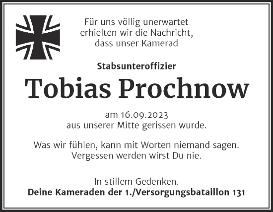 Traueranzeige von Tobias Prochnow von Mitteldeutsche Zeitung Bitterfeld