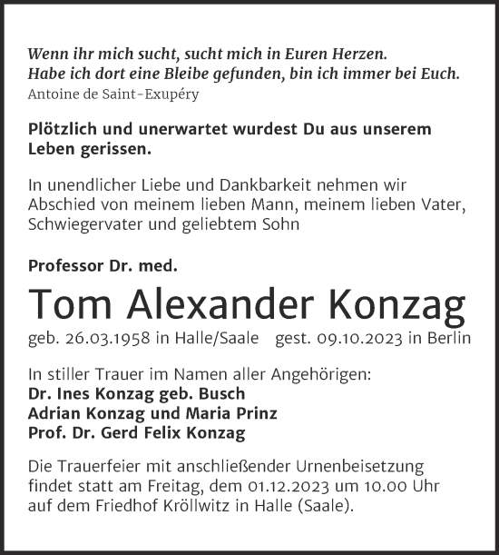 Traueranzeige von Tom Alexander Konzag von Mitteldeutsche Zeitung Halle/Saalkreis