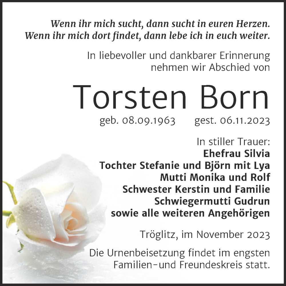  Traueranzeige für Torsten Born vom 11.11.2023 aus Trauerkombi Zeitz