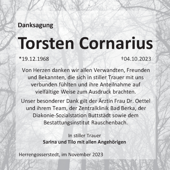 Traueranzeige von Torsten Cornarius von Wochenspiegel Naumburg/Nebra