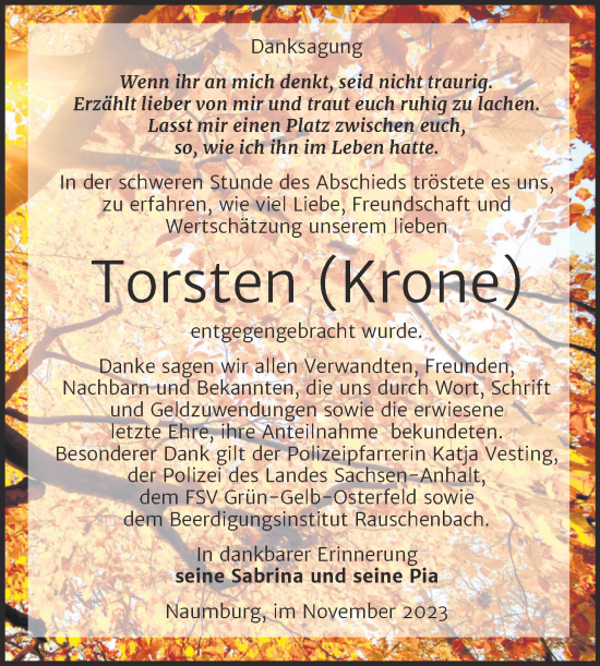 Traueranzeige von Torsten Krone von Wochenspiegel Naumburg/Nebra