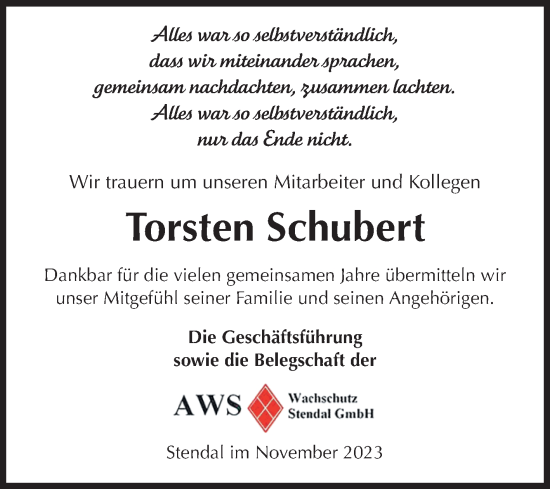 Traueranzeige von Torsten Schubert von Volksstimme Altmark Ost