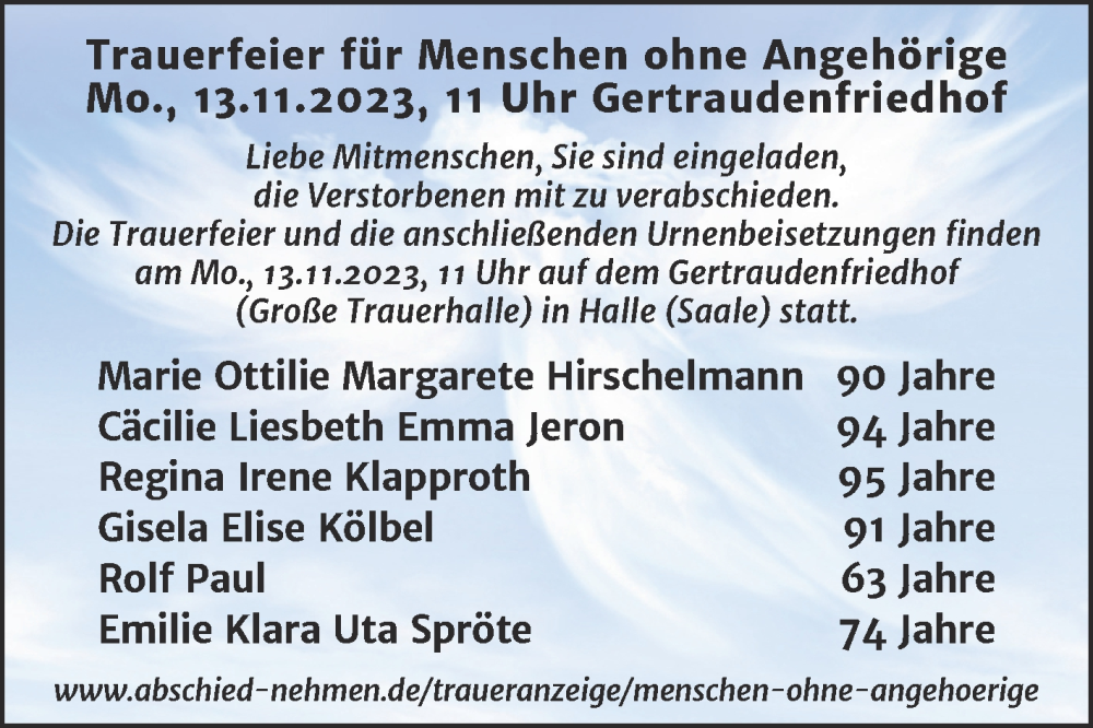  Traueranzeige für Menschen ohne Angehörige  vom 11.11.2023 aus Mitteldeutsche Zeitung Halle/Saalkreis