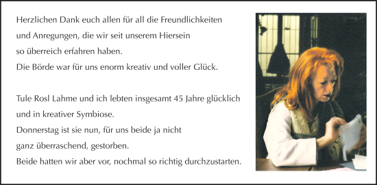 Traueranzeige von Tule Rosl Lahme von Volksstimme Oschersleben/Wanzleben