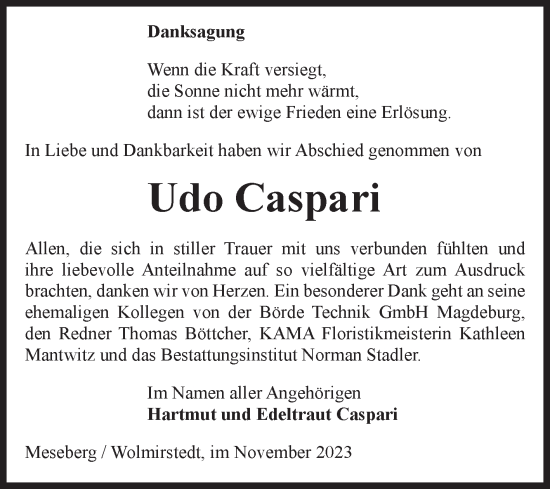 Traueranzeige von Udo Caspari von Volksstimme Haldensleben/Wolmirstedt