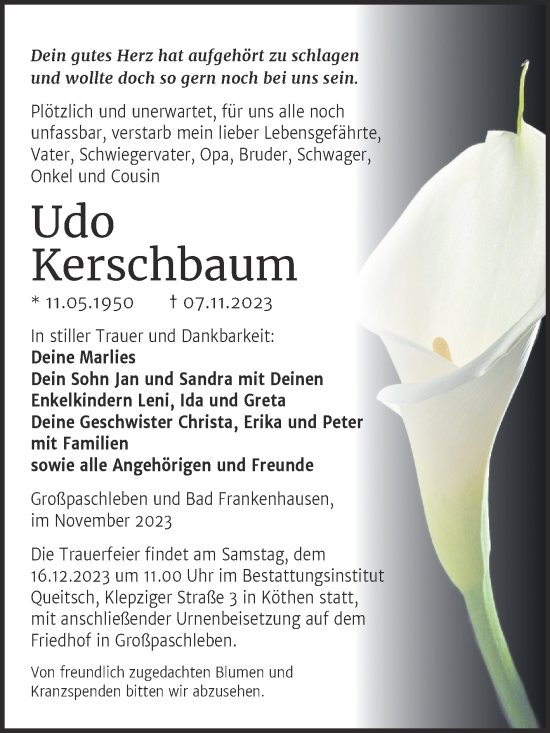 Traueranzeige von Udo Kerschbaum von Trauerkombi Köthen