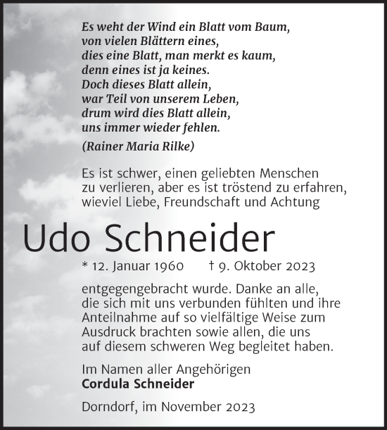 Traueranzeige von Udo Schneider von Wochenspiegel Naumburg/Nebra
