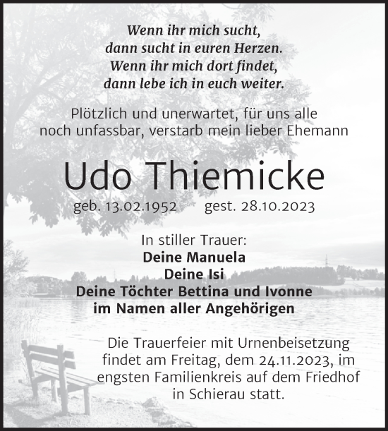 Traueranzeige von Udo Thiemicke von Trauerkombi Bitterfeld