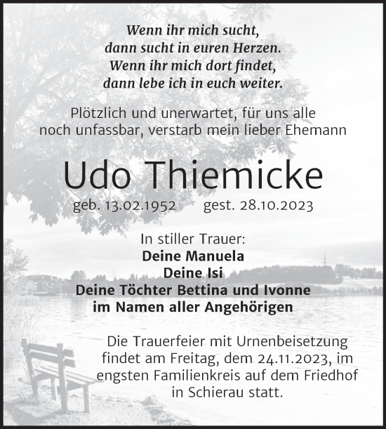 Traueranzeige von Udo Thiemicke von Trauerkombi Wittenberg