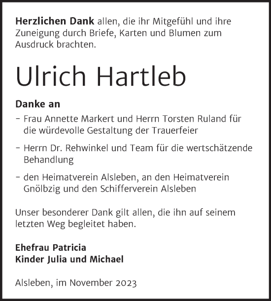 Traueranzeige von Ulrich Hartleb von Trauerkombi Bernburg
