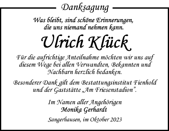 Traueranzeige von Ulrich Klück von Trauerkombi Sangerhausen