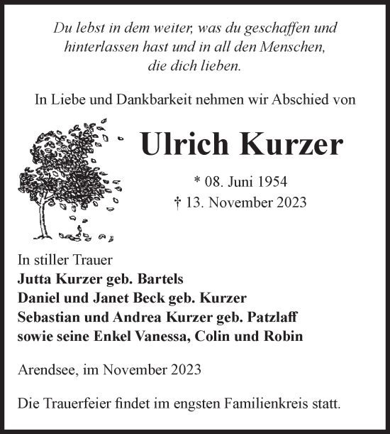 Traueranzeige von Ulrich Kurzer von Volksstimme Altmark West