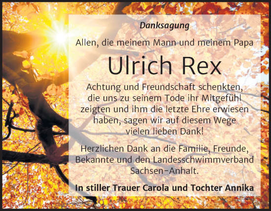 Traueranzeige von Ulrich Rex von Trauerkombi Merseburg